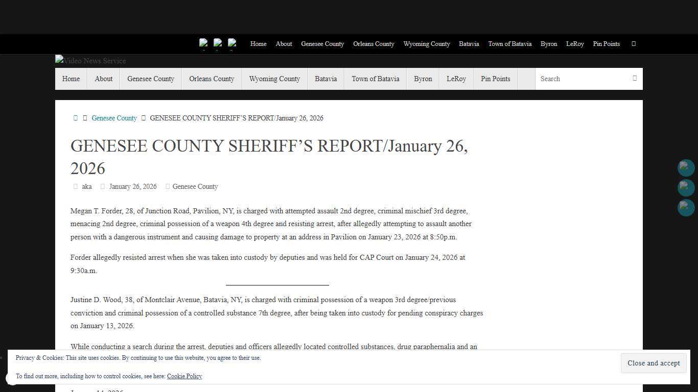 GENESEE COUNTY SHERIFF’S REPORT/January 26, 2026 – Video News Service